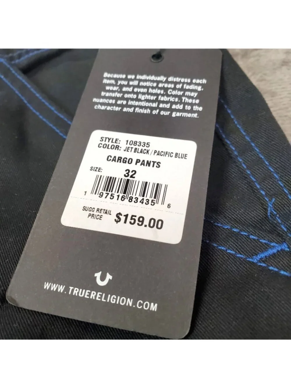 True Religion Cargo Pants Jet Black Pacific Blue Stitch Mens Size 32 NEW $159